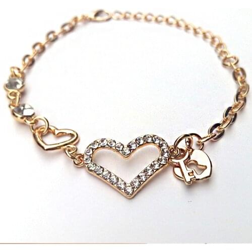 Crystal Heart Charm Bracelet Gold Color Lock & Key C Bracelets for Women Love Bangles Jewelry Gift
