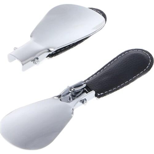 Black Folding Portable Shoehorn Metal Durable With Stainless Steel Faux Leather M3GE