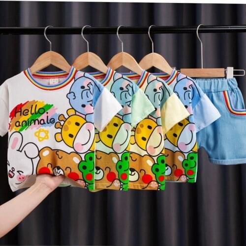 Toddler Boys Clothing Set Pure Cotton Cartoon Rabbit Bear Giraffe Elephant Pattern Cute T-Shirt And Pants 2 Pcs Suit For Kids
