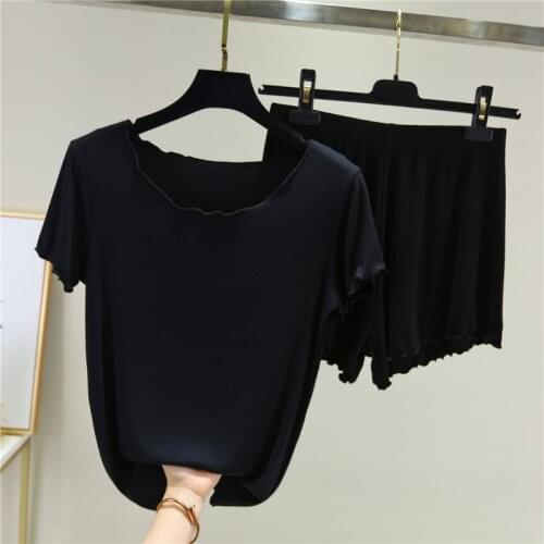 Modal Fungus Short Sleeve T shirt Womens Summer Wear Two-Piece Loose Bottom Suit Thin Plus Size High Waist Shorts