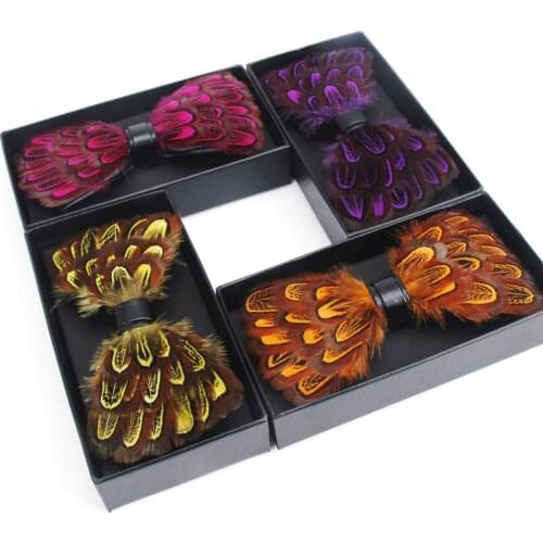Feather Bow Ties Lapel Pin Set Mens Luxury Bowtie With Box Fashion Peacock Feather Bow Ties For Men Business Party Wedding