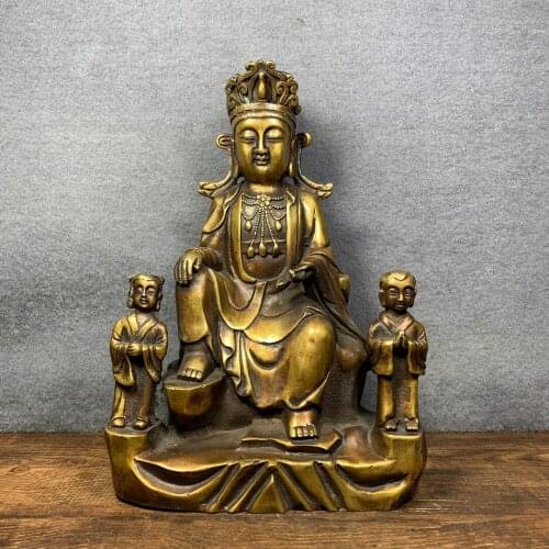 10"Chinese Folk Collection Old Bronze Lacquer Guanyin Bodhisattva Golden boy and jade girl statue Sitting Buddha Ornaments