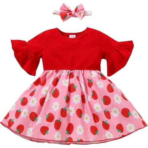 2 Pcs Infant Baby Summer Fruit Print Flare Sleeve O Neck Dress Bow Knot Headband Infant Toddler Princess Patchwork Dresses 6M-3T