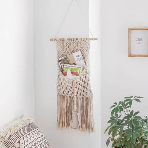 066E Boho Macrame Woven Cotton Rope Storage Pocket Tassels Wall Hanging Tapestry Magazine Organizer Mail Holder Home Decor for
