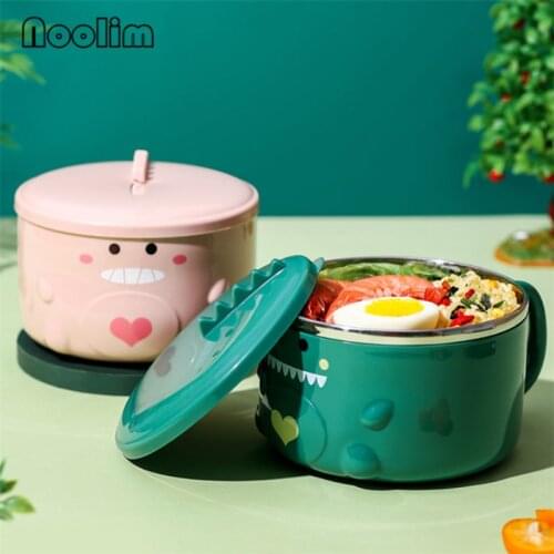 Stainless Steel Cute Cartoon Dinosaur Instant Noodle Bowl with Lid and Handle Student Office Worker Salad Rice Bowl Lunch Box