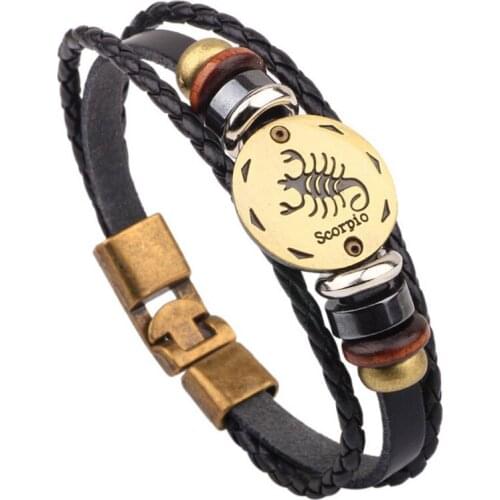 Fashion Bronze Alloy Buckles 12 Zodiac Signs Bracelet Punk Leather Bracelet Wooden Bead Hematite Charm bracelets For Men pulsera