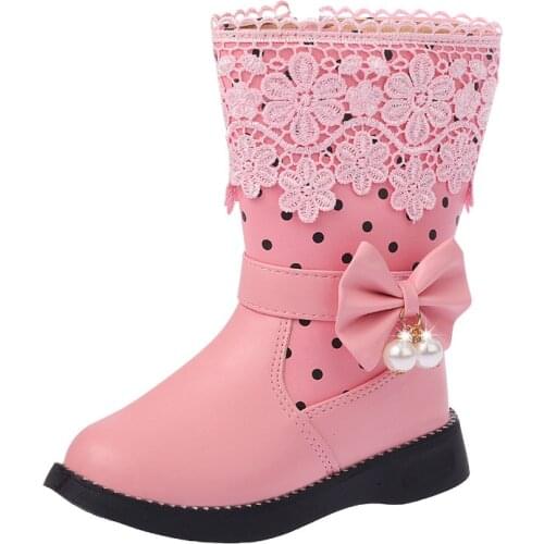 Mumoresip 2021 Girls Winter Rubber Boots Lace Flowers Butterfly-knot Dots Pearl Pendant Princess Warm Cotton Kids Children Boots