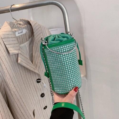 Mini Fashion Diamond Chain Crossbody Bag Cylinder Bucket Bags For Women Casual Pu Leather Shoulder Messenger Bag 2021 New