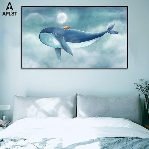 Kids Baby Nursery Room Prints & Posters Decor Flying Whale Little Girl In The Sky Canvas Painting Nordic Pictures Wall Art Decor