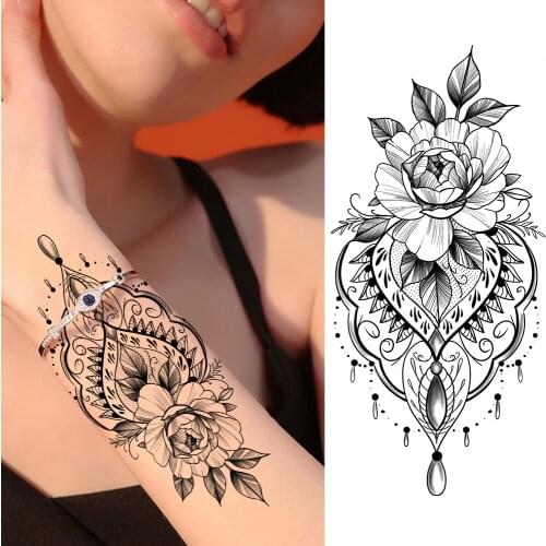 Fake Jewelry Temporary Tattoos Sticker Black Waterproof Flower Tattoos Decal For Women Girl Body Art Chest Arm Tattoo Decoration