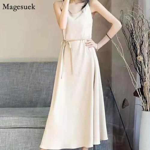 Backless Summer Sexy Party Dresses Female Korean Satin Women Slip Dress Casual Plus Size Solid Loose Long Dress Sukienki 14496