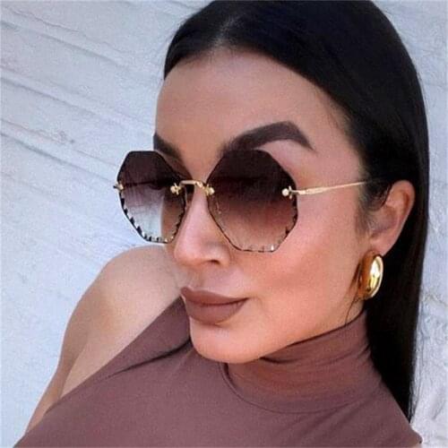 Vintage Rimless polygon Sunglasses Gradient Brown Shades For Women Luxury Fashion Octagon Sun Glasses Men Alloy Legs Oculos