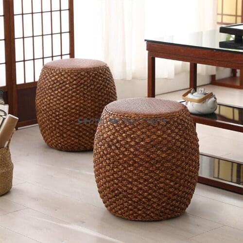 Rattan Stool Solid Wood Shoe Changing Stool Living Room Retro Coffee Table Stool Sofa Stool Sitting Pier Short Drum Stool