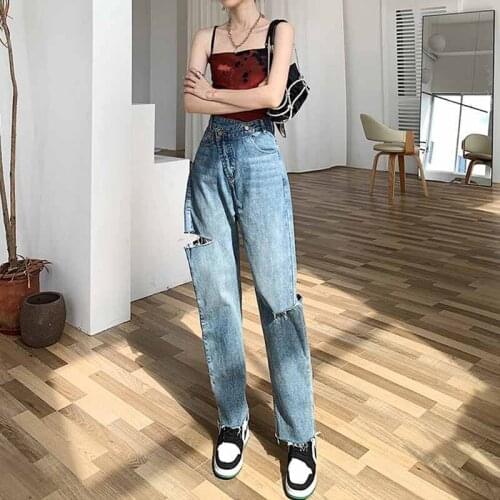 Vintage Ripped Jeans Women 2021 Irregular High Waist Loose Harem Pants Chic High Street Holes Jeans Girls Stylish Casual Trouser