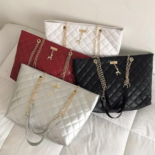 Diamond Lattic Womens Middle Totes Casual PU Chain Strap Shoulder Bag High Capacity Deer Pendant Lady Women Handbag