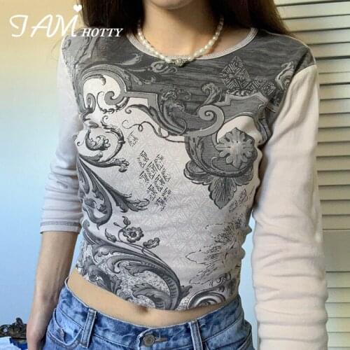Floral Printed Grunge Clothes Women Aesthetic Grey Long Sleeve Tops Autumn O-neck Skinny Vintage T Shirt Slim Pullovers Iamhotty