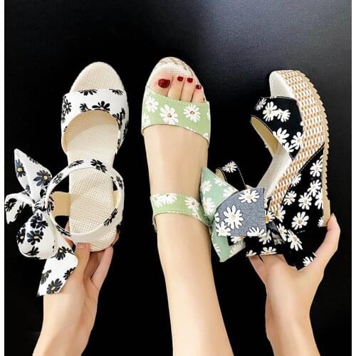 Fashion Women Sandals Dot Bowknot Design Platform Wedge Female Casual High Increas Shoes Ladies Ankle Strap Open Toe Sandals