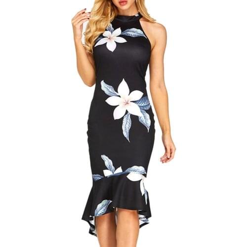 50%HOT Flower Print Summer Party Sleeveless Women Sexy Bodycon Midi Fishtail Dress