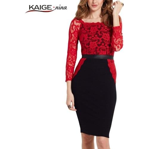 Kaige.Nina New Womens Fashion Chinese Style Print Lace O-neck Knee Autumn Straight Dress With Full Sleeves 18002
