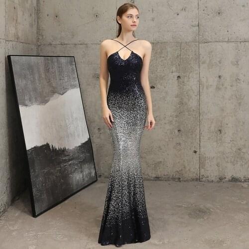 YIDINGZS Sexy Strap Cross Back Sequins Evening Dress Backless Long Evening Party Dress YD16673