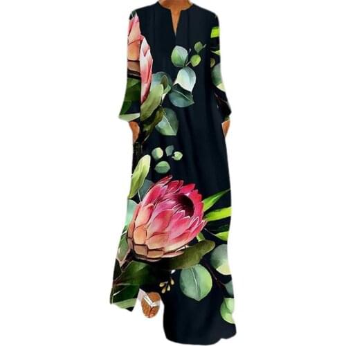 Lady Dress Chinese Style Vintage V Neck Floral Print 3/4 Sleeve Casual Dress for Stage Show Street wear Womens Clothing 2021
