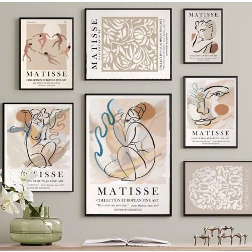 Abstract Matisse Girl Dance Leaf Beige Lines Posters And Prints Wall Art Canvas Painting Wall Pictures For Living Room Decor