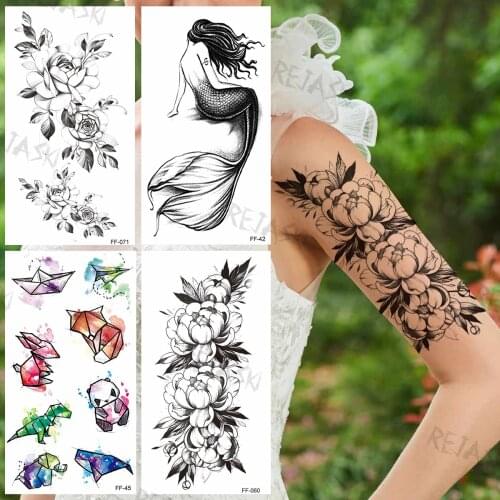 Black Flower Temporary Tattoos For Women Girls Mermaid Cartoon Watercolor Fox Fake Tattoo Sticker Arm Body Tatoos Carnation