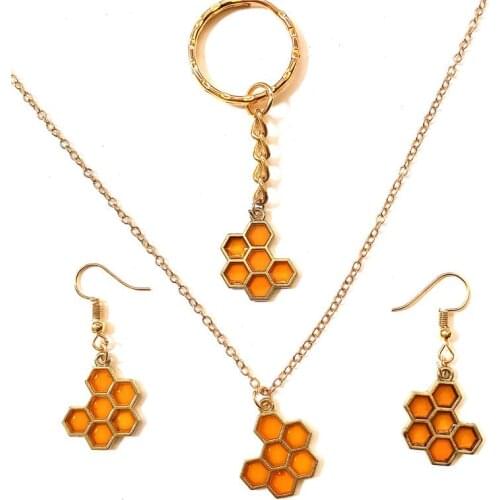 Enamel honeycomb beehive jewelry set pendant necklace bee hive earrings link chain jewellery set women fashion lady party gift