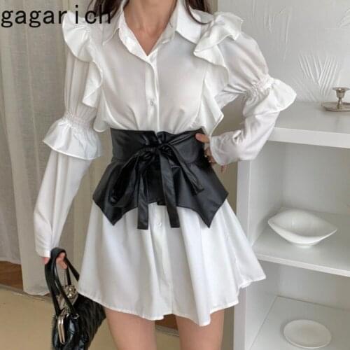 Gagarich Women Sets 2021 Spring Autumn French Elegant Temperament Ladies Lapel Puff Sleeve Girdle Stitching Design Vestidos