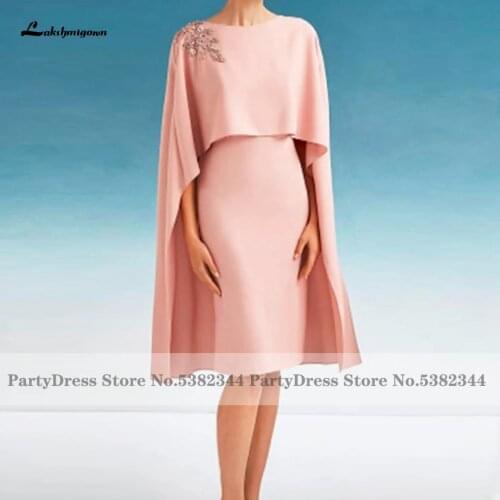 Robe Vintage Satin Pink Dress for Mother of Groom Wedding Party 2021 Plus Size Women Evening Gowns Knee Length with Cape