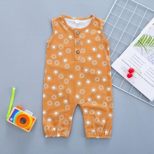 Summer Newborn Babys Casual Sleeveless Romper Fashion Sun Printing Buttons Long Pants Jumpsuit