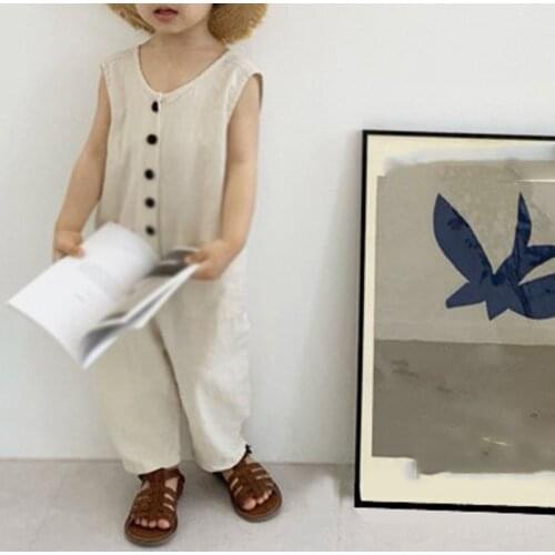 2021 Boys' Summer Jumpsuit Fashion Girls' Japanese Korean Style Solid Color Simple Cute Western Style Small Button Casual Pants