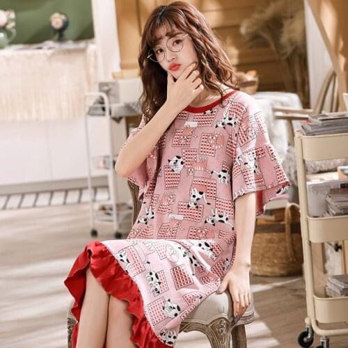 SLPBELY Summer Women Nightdress Nightgown Lovely Cartoon Print Sweet Short Sleeve Girl Sleepwear Homewear Nighgskrit Plus Size