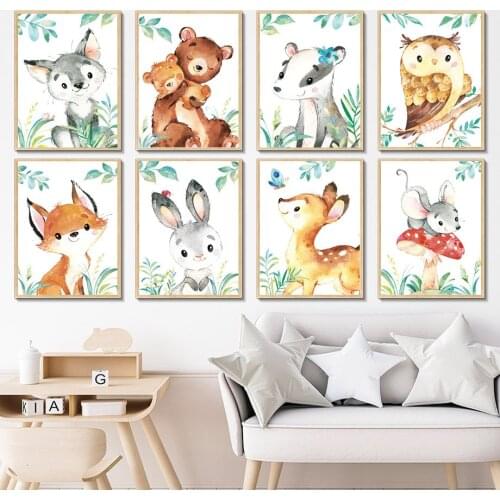 Bear Deer Owl Rabbit Fox Badger Wall Art Canvas Painting Nordic Nursery Boho Poster Prints Wall Pictures Kids Baby Room Decor