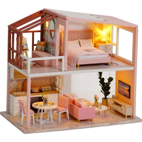 Doll House DIY Miniature with Wooden Furniture Assemble DollHouse Kit Led Lights Mini House Making Kit Wooden Miniature Lights