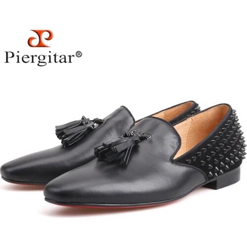 Handmade Mens Luxury Loafer Leather Vamp with Spikes Leather Tassels and Suede Spikes Counter Party and Prom Fashion men flats