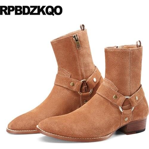 Plus size designer shoes men high quality suede autumn fall brown runway zipper ankle pointed toe footwear harness chunky boots