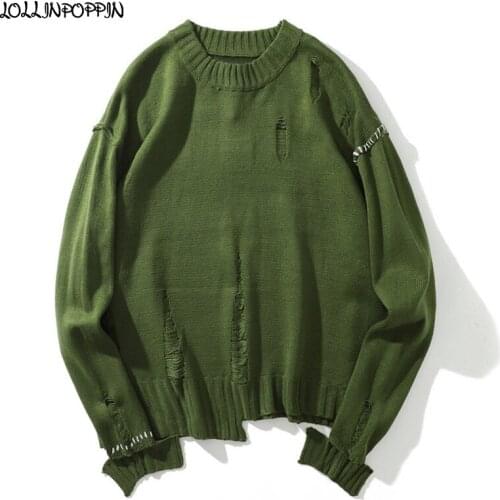 High Street Men Ripped Loose Sweater O-Neck Mens Knitted Pullovers Irregular Bottom Colorblocking Stitches Army Green / Black