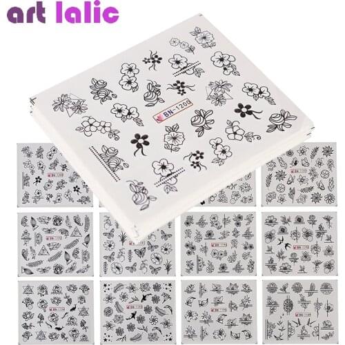 24 Sheets Nail Sticker Set Mixed Designs Water Transfer Black Flowers Colorful Ink Bird Nail Art Sticker Decals DIY Decoration
