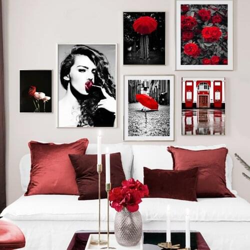 Red Rose Umbrella Street Door Wall Art Woman Lips Canvas Painting Nordic Posters and Prints Pictures for Living Room Home Decor