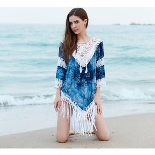 2021 New Retro printed Beach Dress Tunic Bikini Cover up with Fringe Swimsuit Beachwear Swimwear Mini Beach Dress Robe De Plage