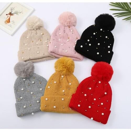 2021 New Winter Women Pom Pom Beanies Warm Knitted Bobble Girl Fur Pompom Hats Fur Pom Pom Casual Hat Pearl Star Decoration Cap