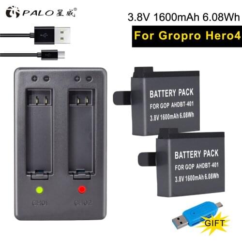 PALO New digital camera battery 2pcs 1600mAh AHDBT-401 + Dual Charger For Batteries GoPro HD Hero4 4+ Action camera Accessories