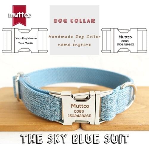 MUTTCO anti-lost dog collar adjustable pet collar convenient to walk the dog THE SKY BLUE SUIT custom ID tag 5 sizes UDC071
