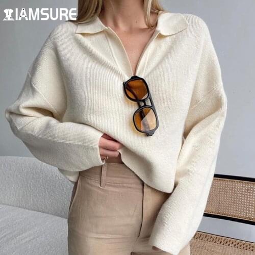 IAMSURE Casual Oversized Knitted Sweater Autumn Loose Long Solid Sleeve Turn-Down Collar Pullovers Women 2021 Office Ladies Tops