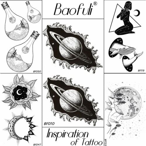 BAOFULI Men Boys Black Universe Planets Temporary Tattoo 3D Waterproof Stars Tattoo Crescent Body Arm Art Paste Tatoos Sticker