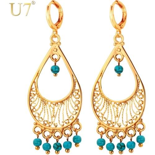 U7 Vintage Tassel Earrings Gold/Silver Color Green Stone Drop Earrings Turkish Bohemian Jewelry For Women Gift Party E704