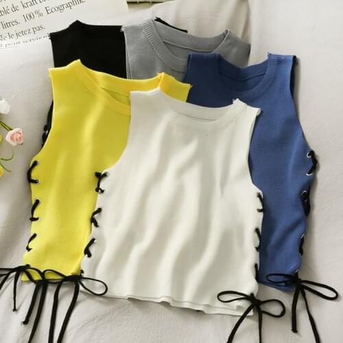 Drawstring crop tops sleeveless knitted camis for women all-match slim fit solid color camisole 2021 new fashion round neck cami