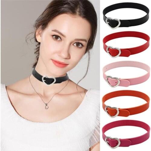 Ornament Japanese Harajuku Soft Girl PU Leather Punk Goth Peach Heart Buckle Collar Women 's Neck Band Clavicle Necklace