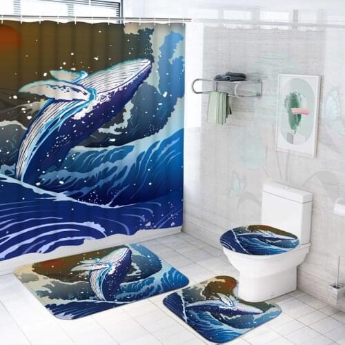 3D Sunlight Ocean Whale Waterproof Shower Curtain Set Bath Curtains Sea Scenery Bathroom Decoration Hanging Curtain with Hooks